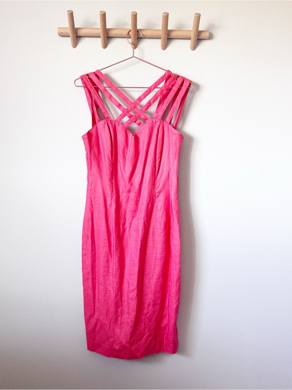 Pia Rucci Coral Linen Midi Dress with Crisscross Straps